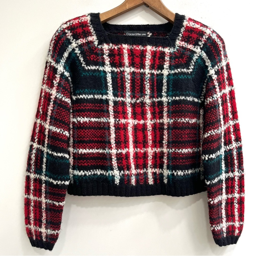 80's Vintage Carole Little Fir St. Tropez West Hand Knit Wool Plaid Sweater